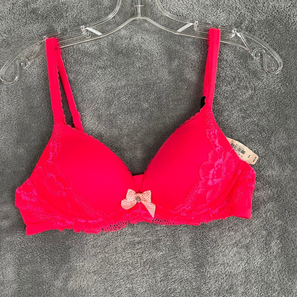 NWT Victorias Secret Lace Bra Womens 34A Hot Pink Bow Coquette